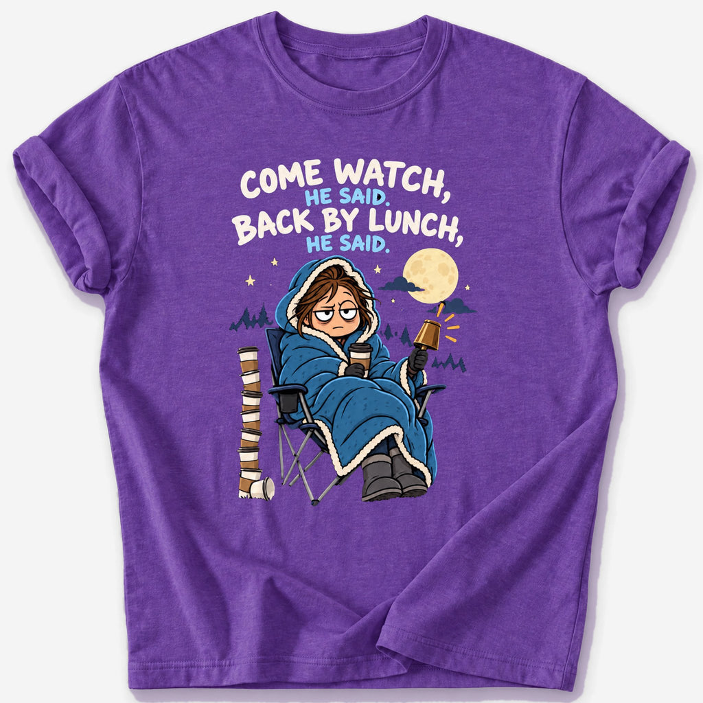 Back by Lunch, He Said T-Shirt — Heather Purple