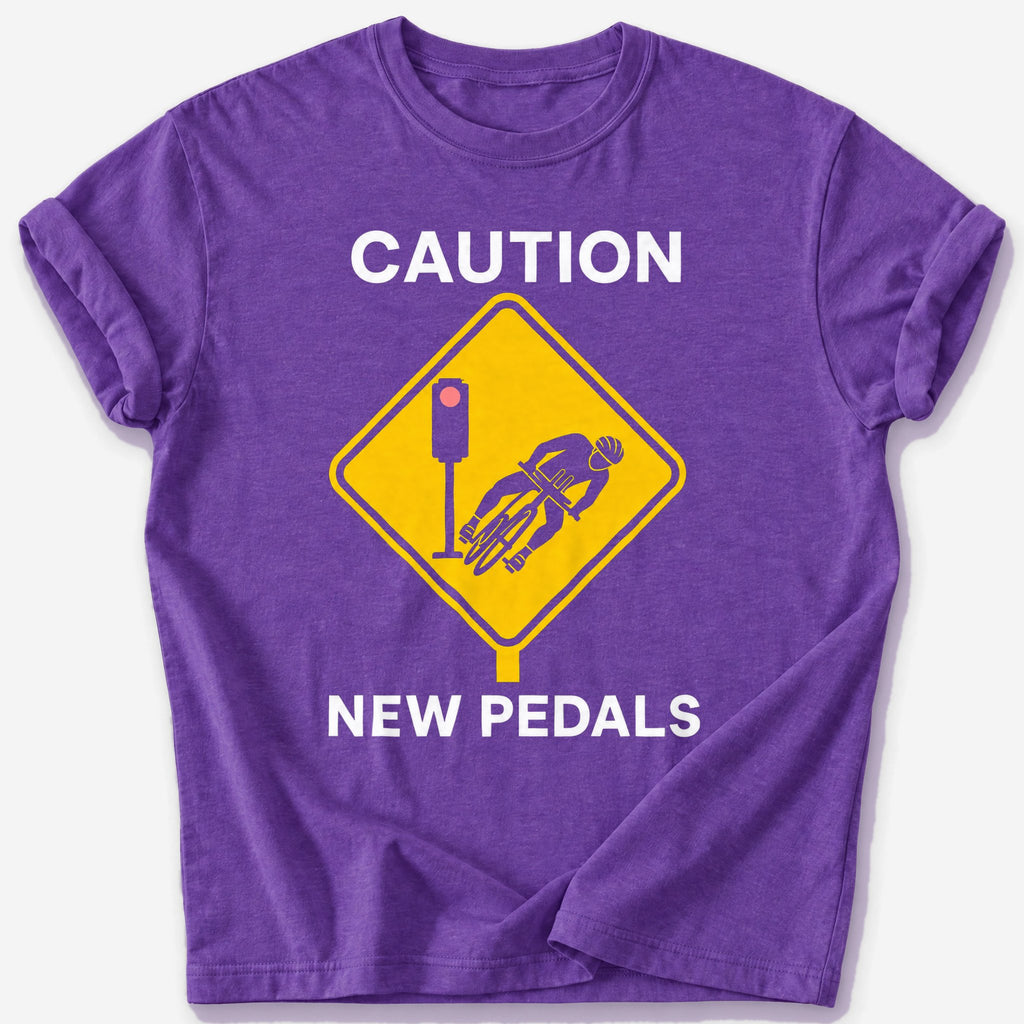 Caution: New Pedals T-Shirt — Heather Purple