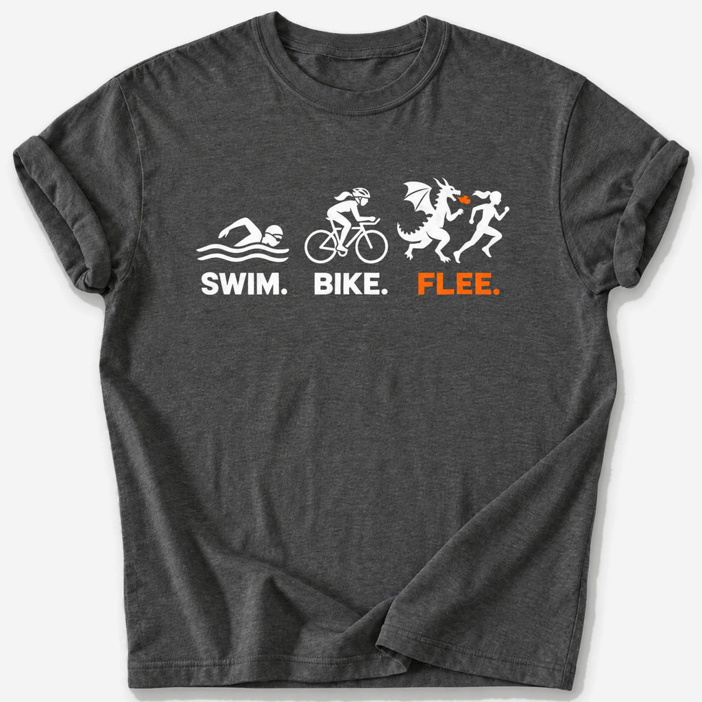 Swim, Bike, Flee T-Shirt — Dark Heather