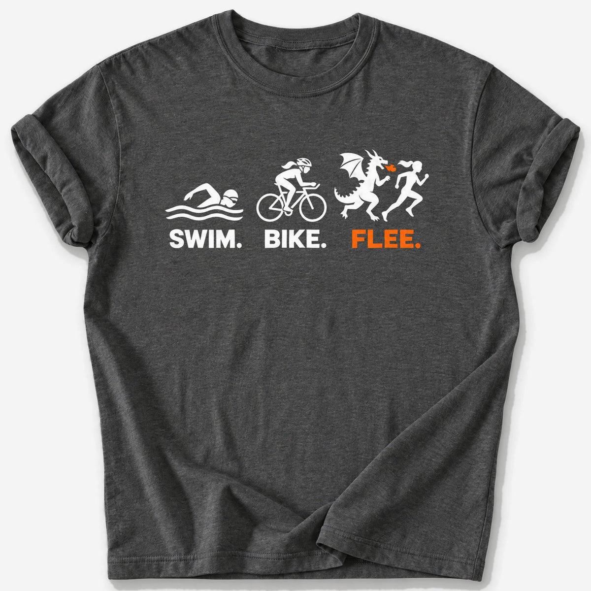 Swim, Bike, Flee T-Shirt — Dark Heather