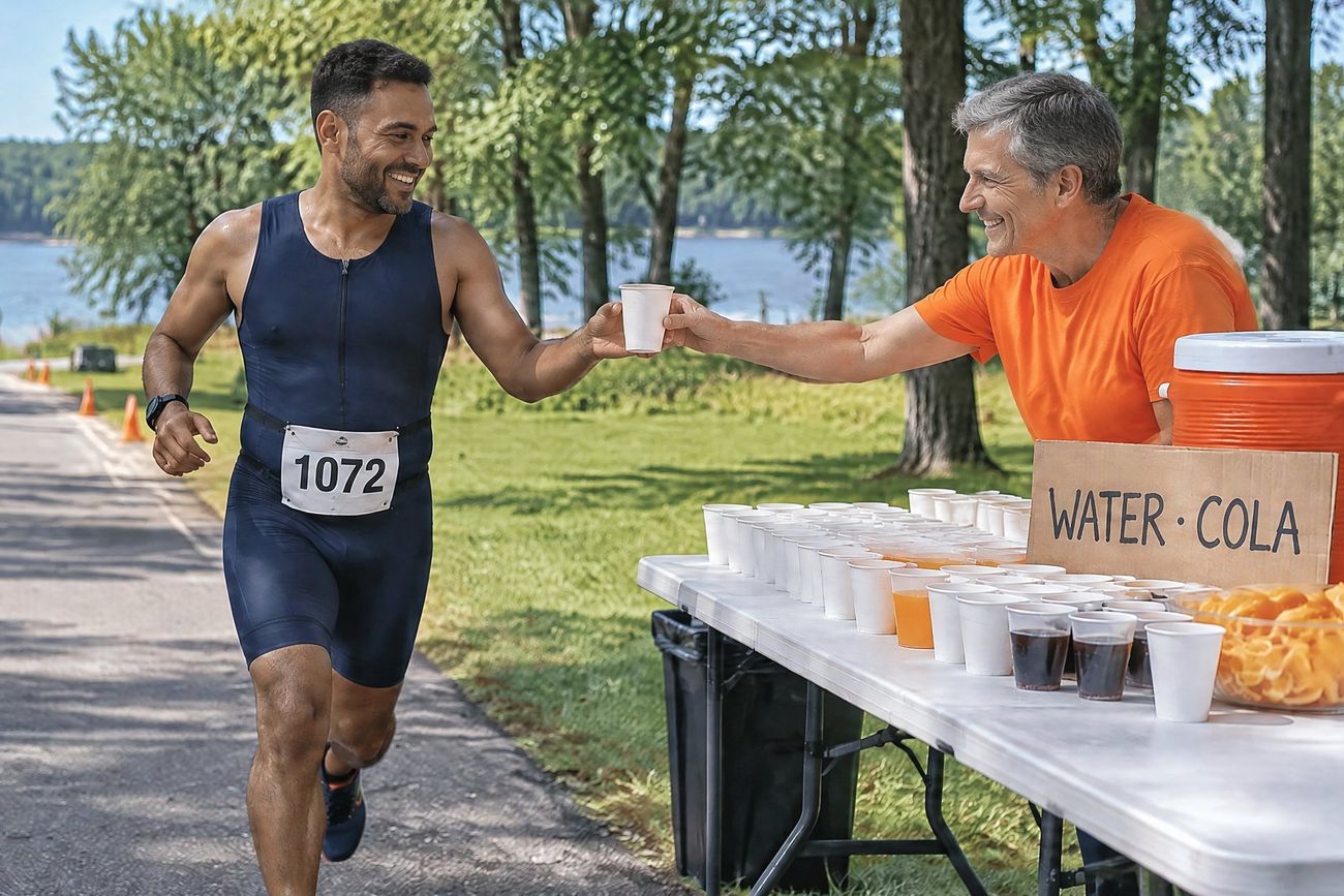 A volunteer hands a cup across the aid-station table to a runner