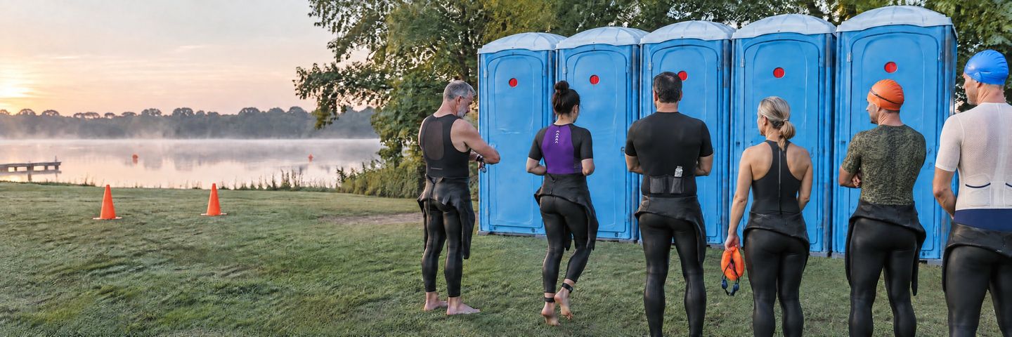 Athletes in wetsuits wait in a long porta-potty line on race morning