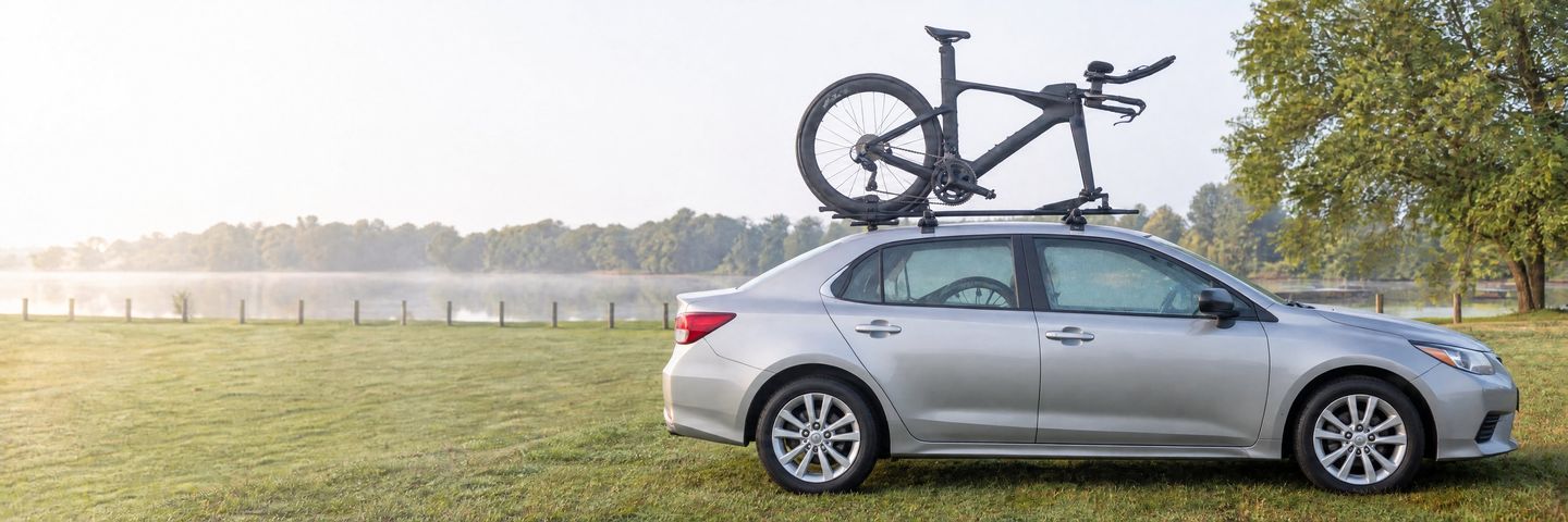 A carbon triathlon bike on the roof rack of a plain, ten-year-old silver sedan, parked by a misty lake