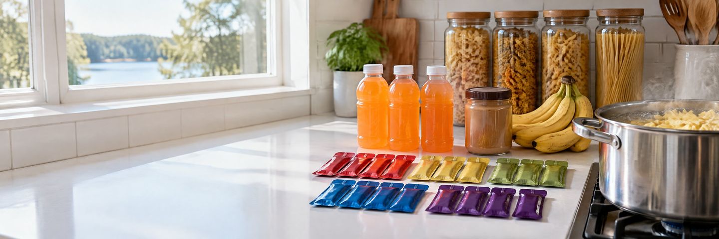 A race-week kitchen counter piled with pasta, bananas and gels sorted into a neat grid