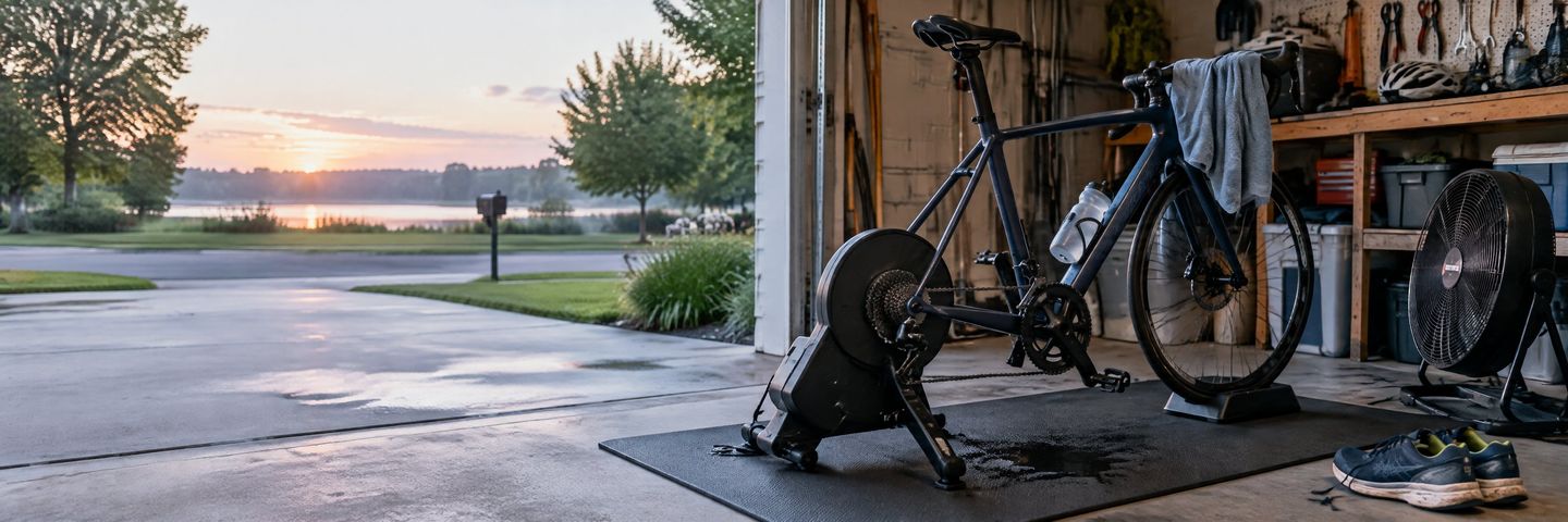 A garage 'pain cave' at dawn: a bike on an indoor trainer, a fan, and running shoes waiting by the door
