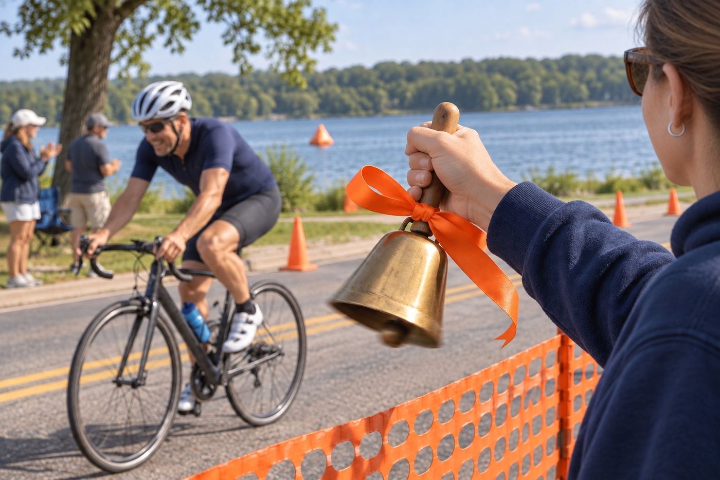 A hand rings a bell tied with an orange gift bow as a cyclist rides past on the bike course