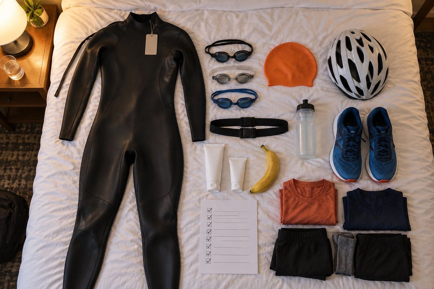 Gear for a first triathlon laid out on a bed the night before, three pairs of goggles included