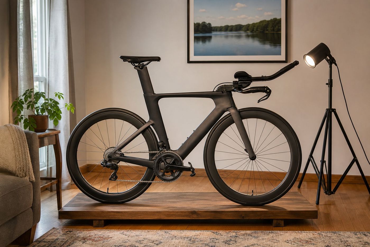 A triathlon bike displayed under a spotlight in a living room, the sofa pushed into the corner