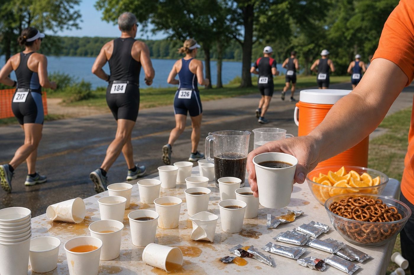 A volunteer hands a cup of cola across an aid-station table of paper cups and gels