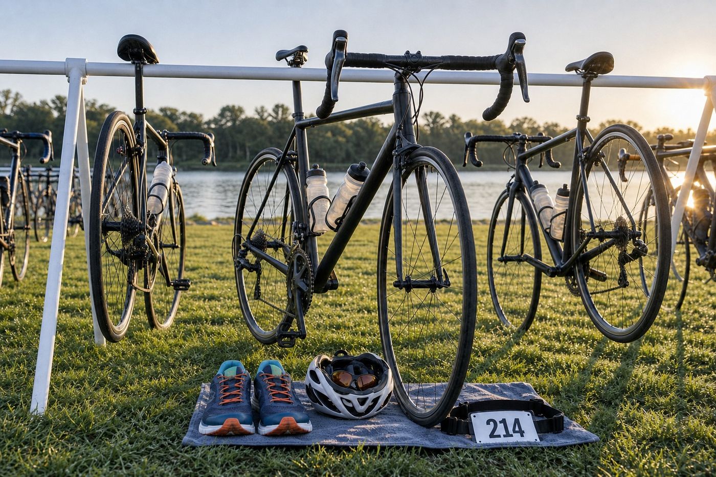 Bikes hung by their saddles from a transition rack above a towel with shoes, a helmet and a race number