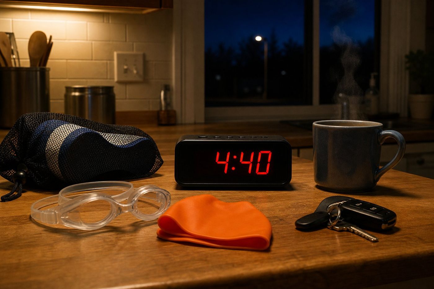 An alarm clock reading 4:40 beside swim goggles, a swim cap and coffee in a dark kitchen