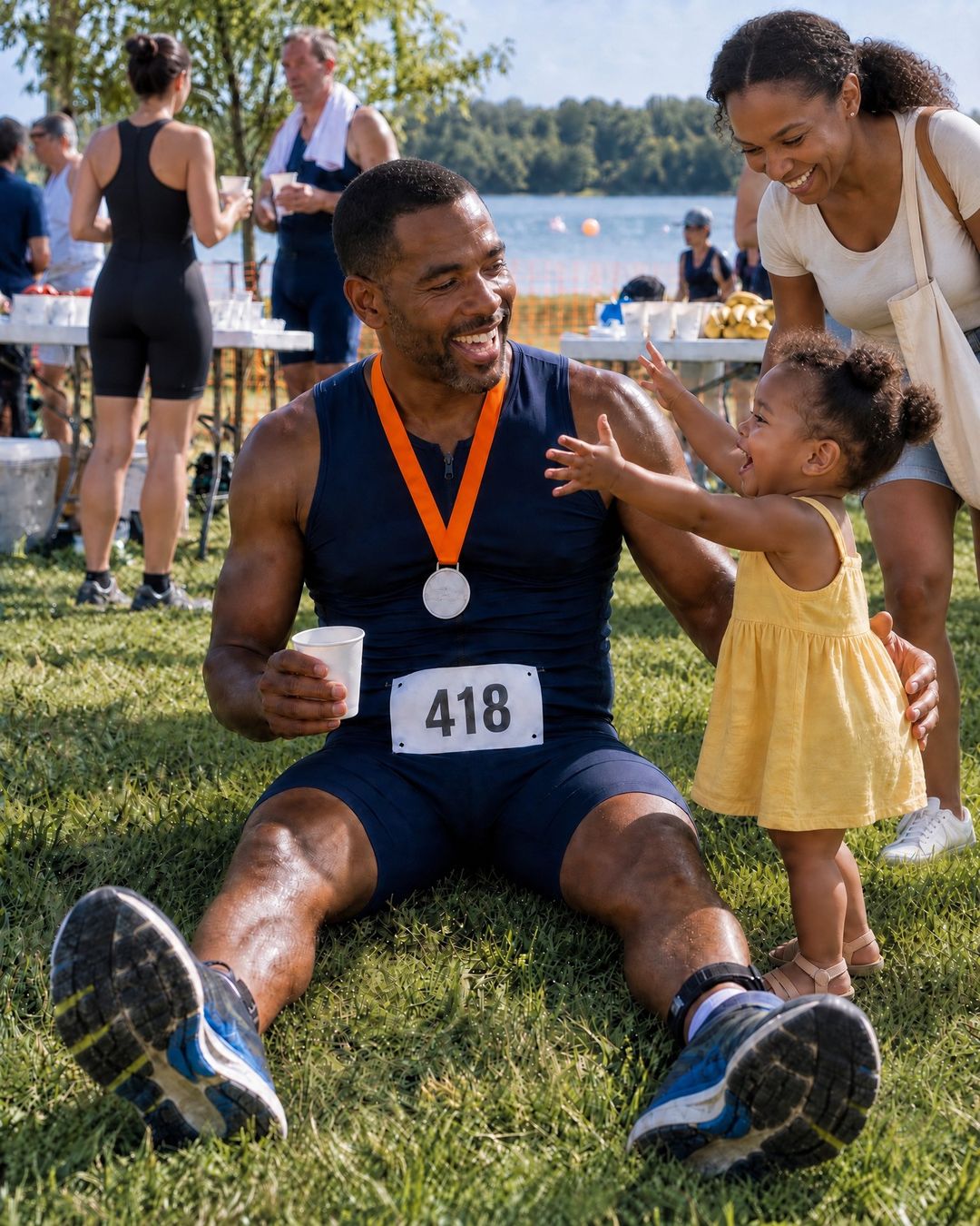 A first-time finisher sits on the grass with his medal and a cup as his toddler reaches up to him and his wife leans in, smiling