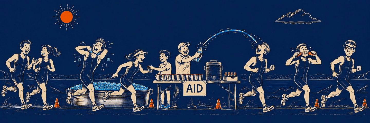 Line drawing of a run-course aid station: a teen volunteer hands a runner a cup while another arcs water from a bottle into a runner's mouth and others grab ice and gels