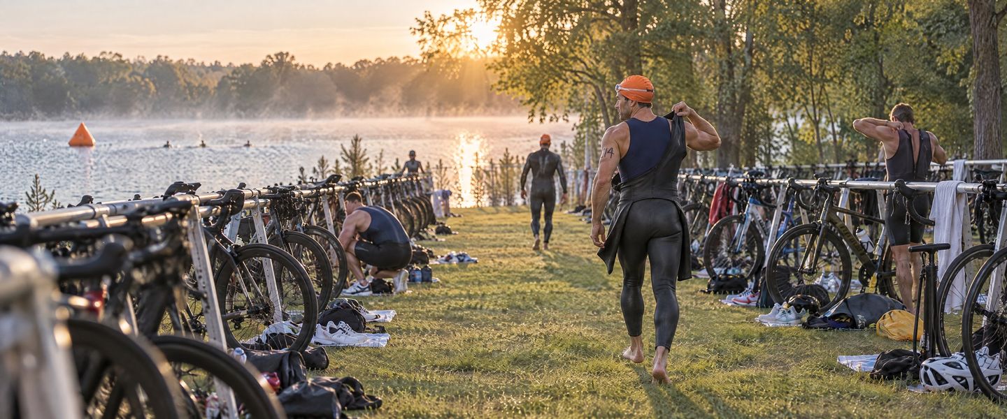 A triathlete pulls his wetsuit up over one shoulder as he walks between rows of racked bikes, a misty lake and the rising sun behind him