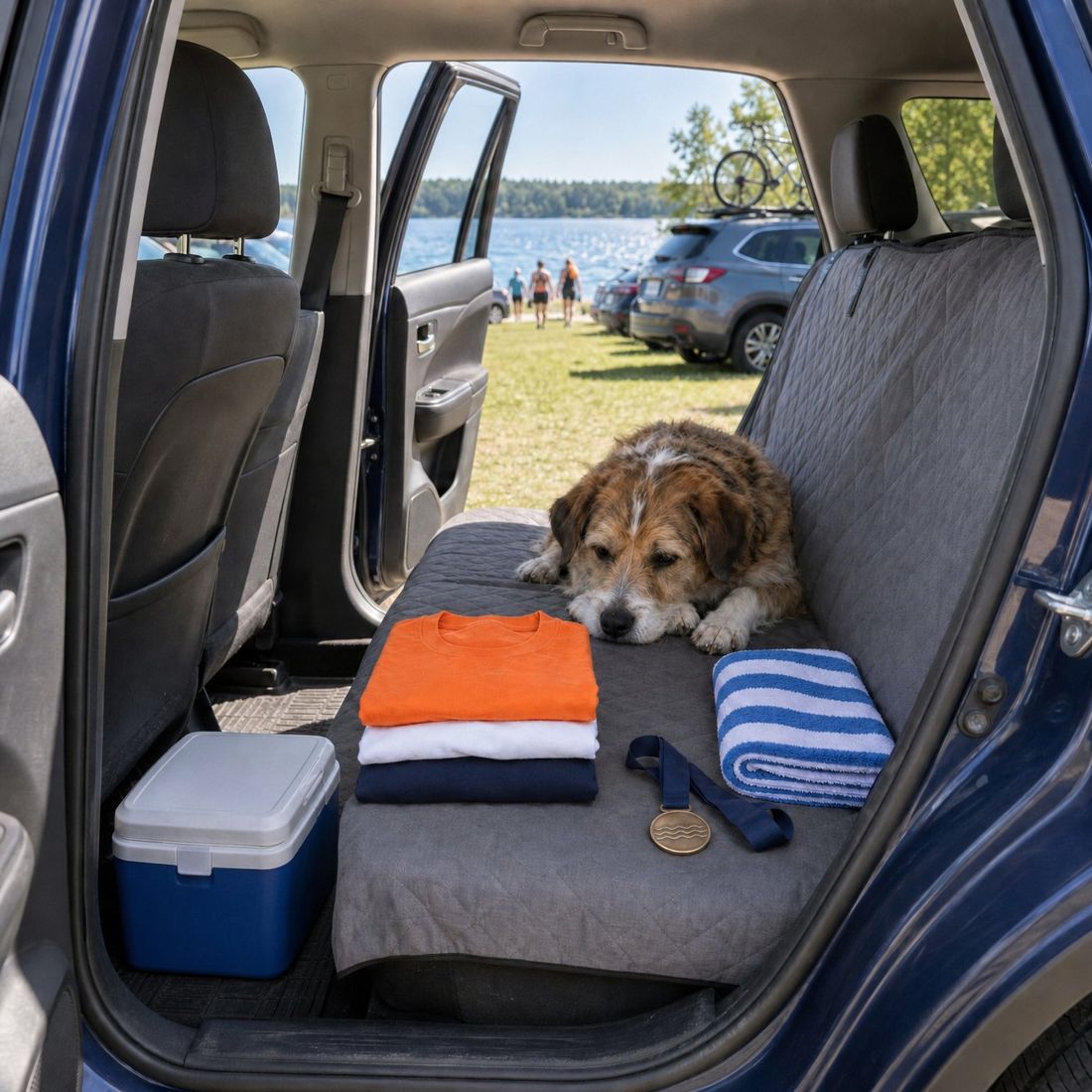 Folded T-shirts, a medal, a towel and a cooler on an SUV's back seat, a dog resting beside them and the lake through the open door