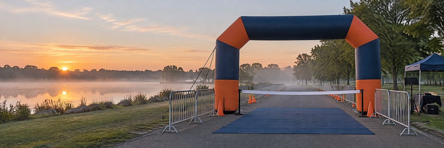 An empty finish line at dawn, the tape unbroken, waiting for its first finisher