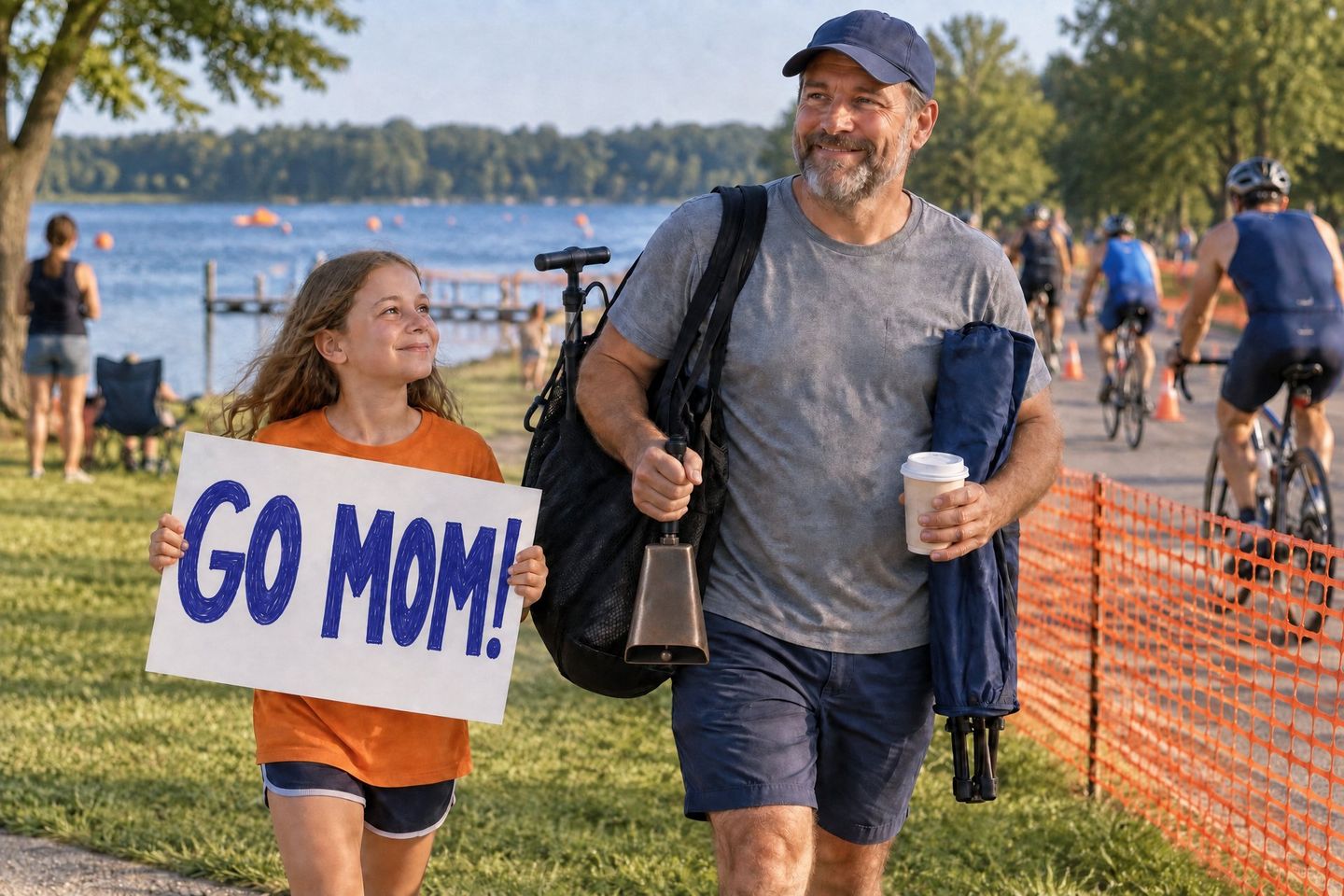 A dad carries bags, a cowbell, a chair and coffee to the race course beside his daughter, who holds a GO MOM! sign